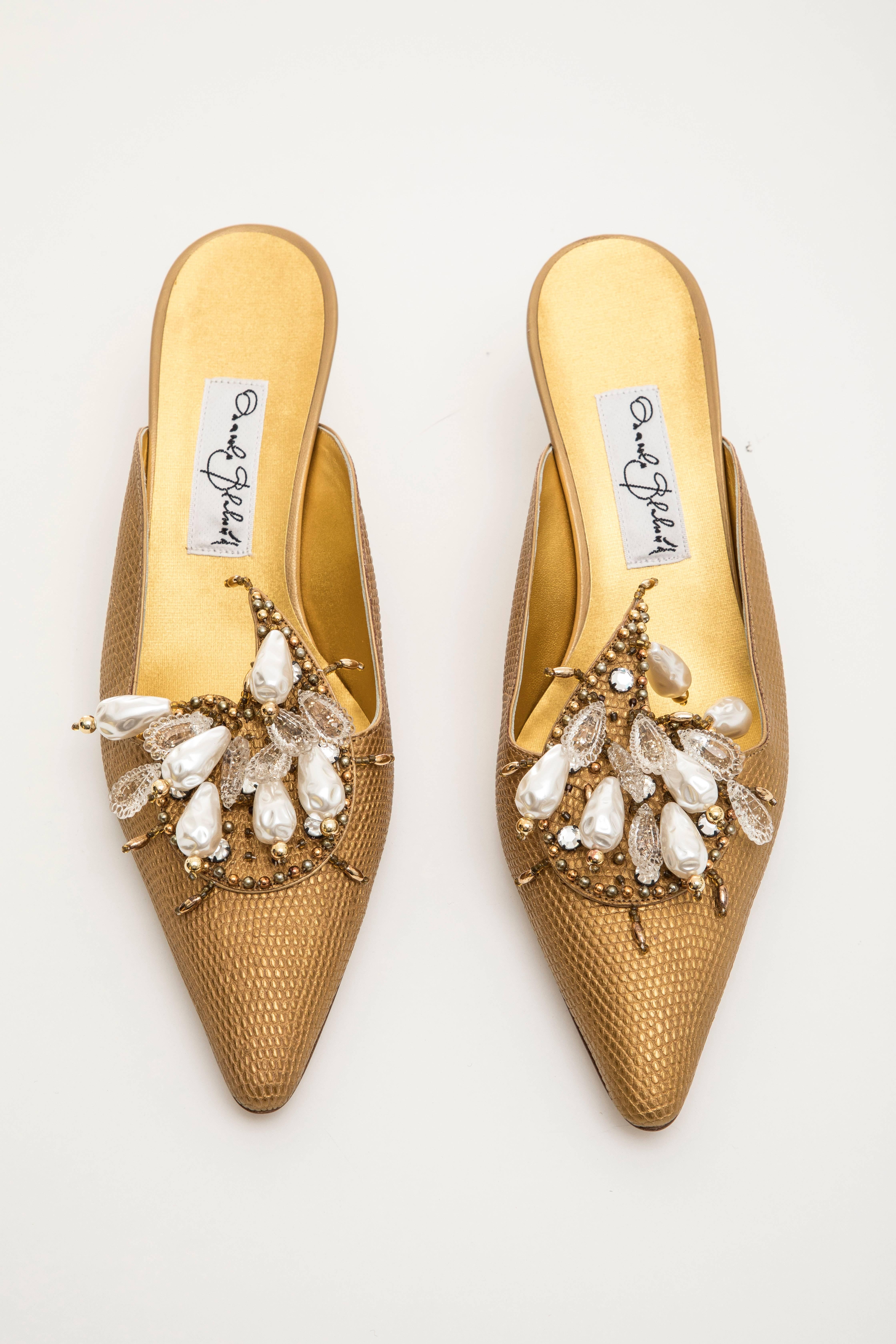 Brown Manolo Blahnik Orientalia Pale Gold Metallic Lizard Skin Mules, Circa: 1998