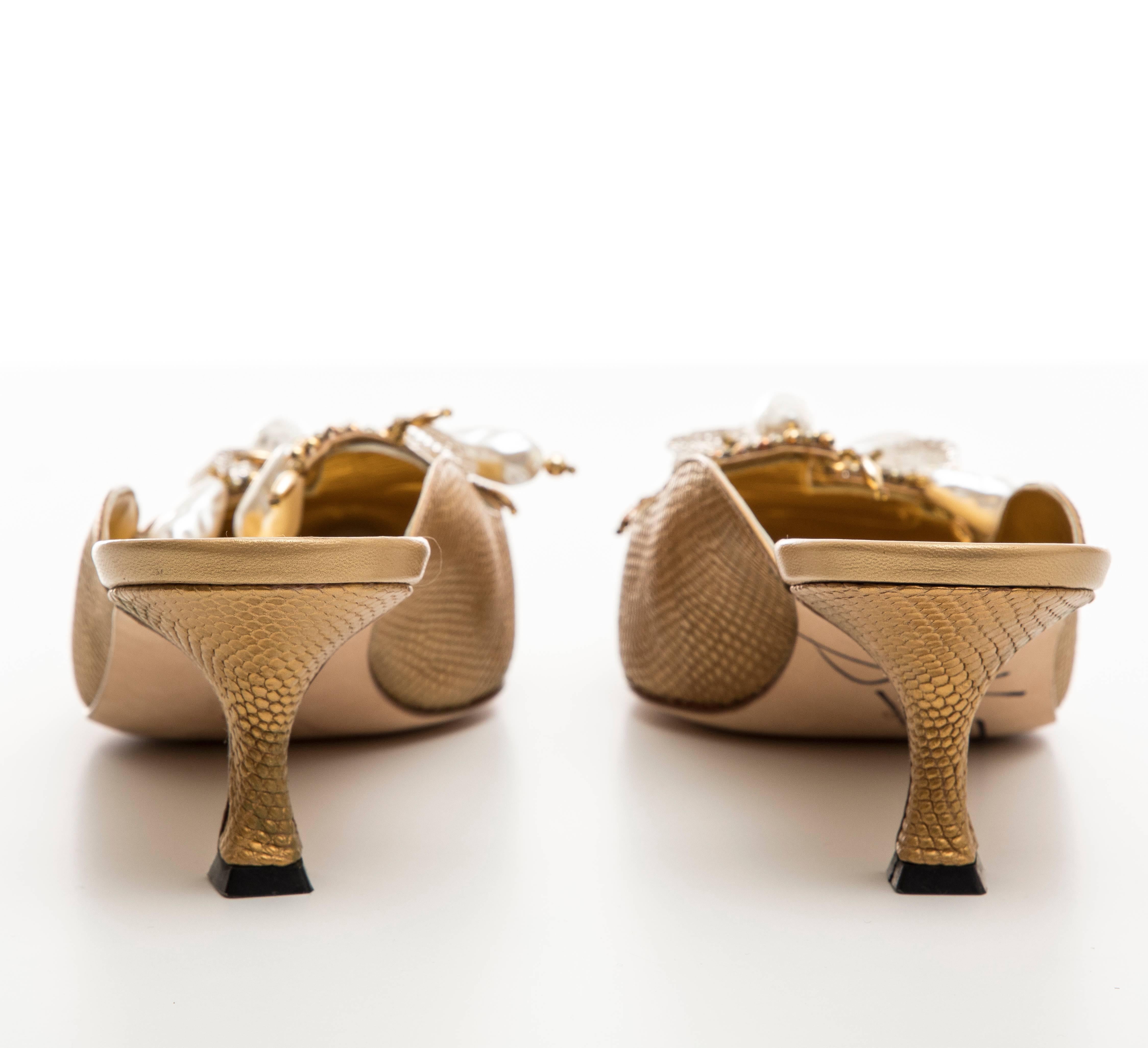 Manolo Blahnik Orientalia Pale Gold Metallic Lizard Skin Mules, Circa: 1998 2