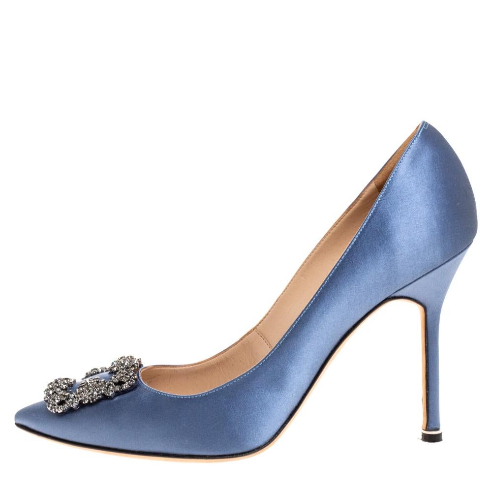 Gray Manolo Blahnik Pale Blue Satin Hangisi Embellished Pointed Toe Pumps Size 40.5