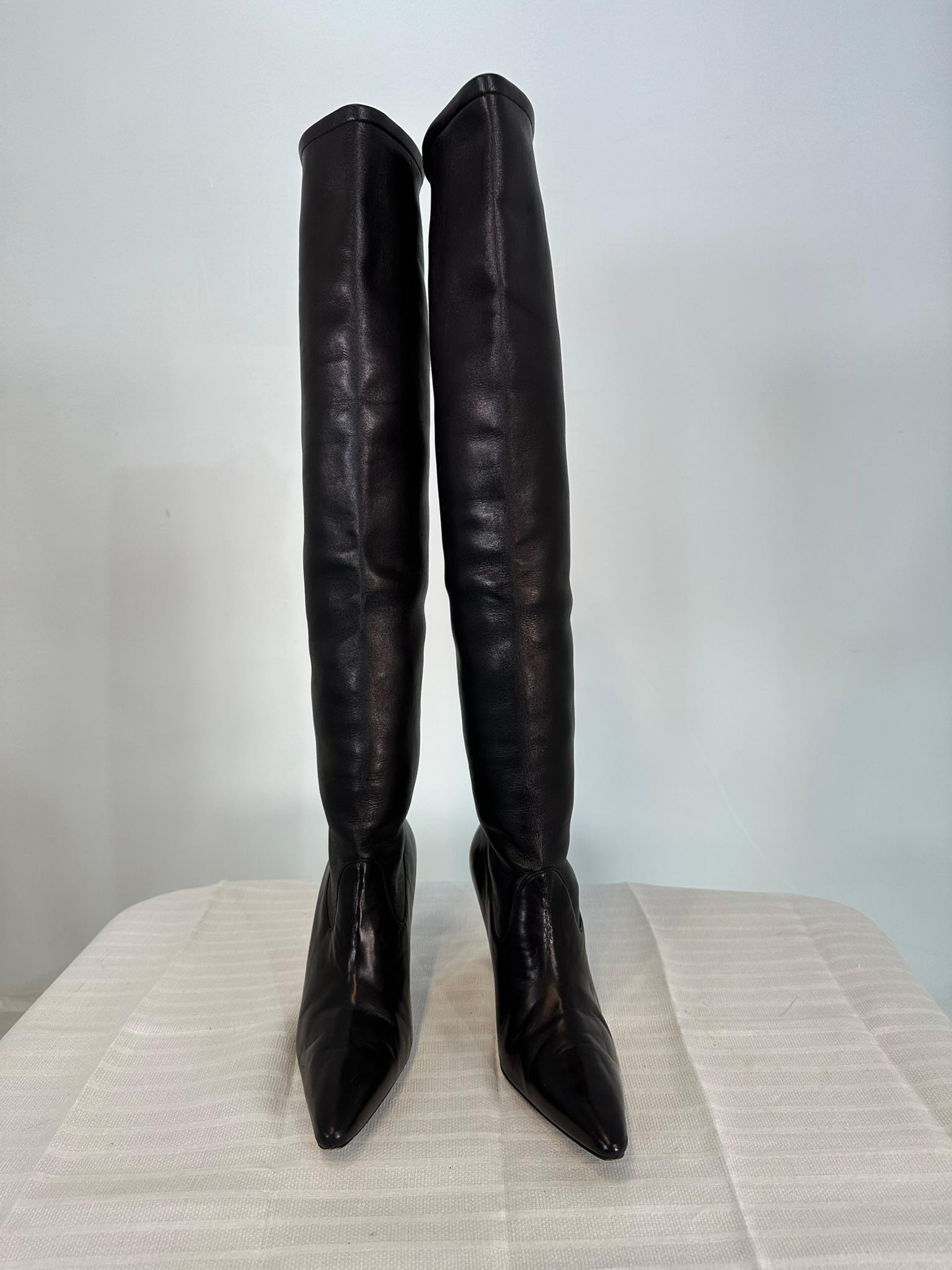 Manolo Blahnik Pascalarehi Black Nappa Leather Over the Knee Boots 37 For Sale 8