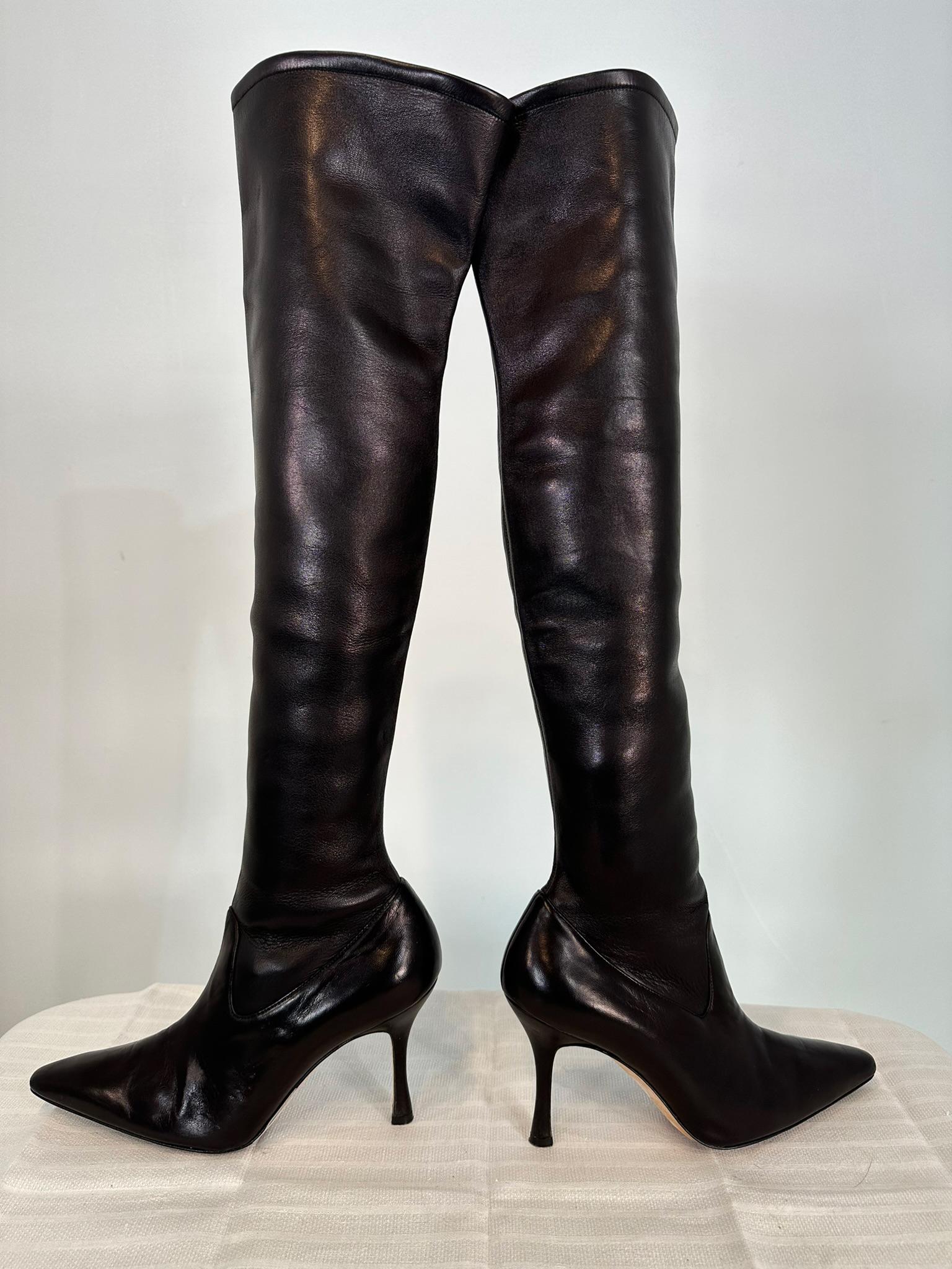 Manolo Blahnik Pascalarehi Black Nappa Leather Over the Knee Boots 37 For Sale 1