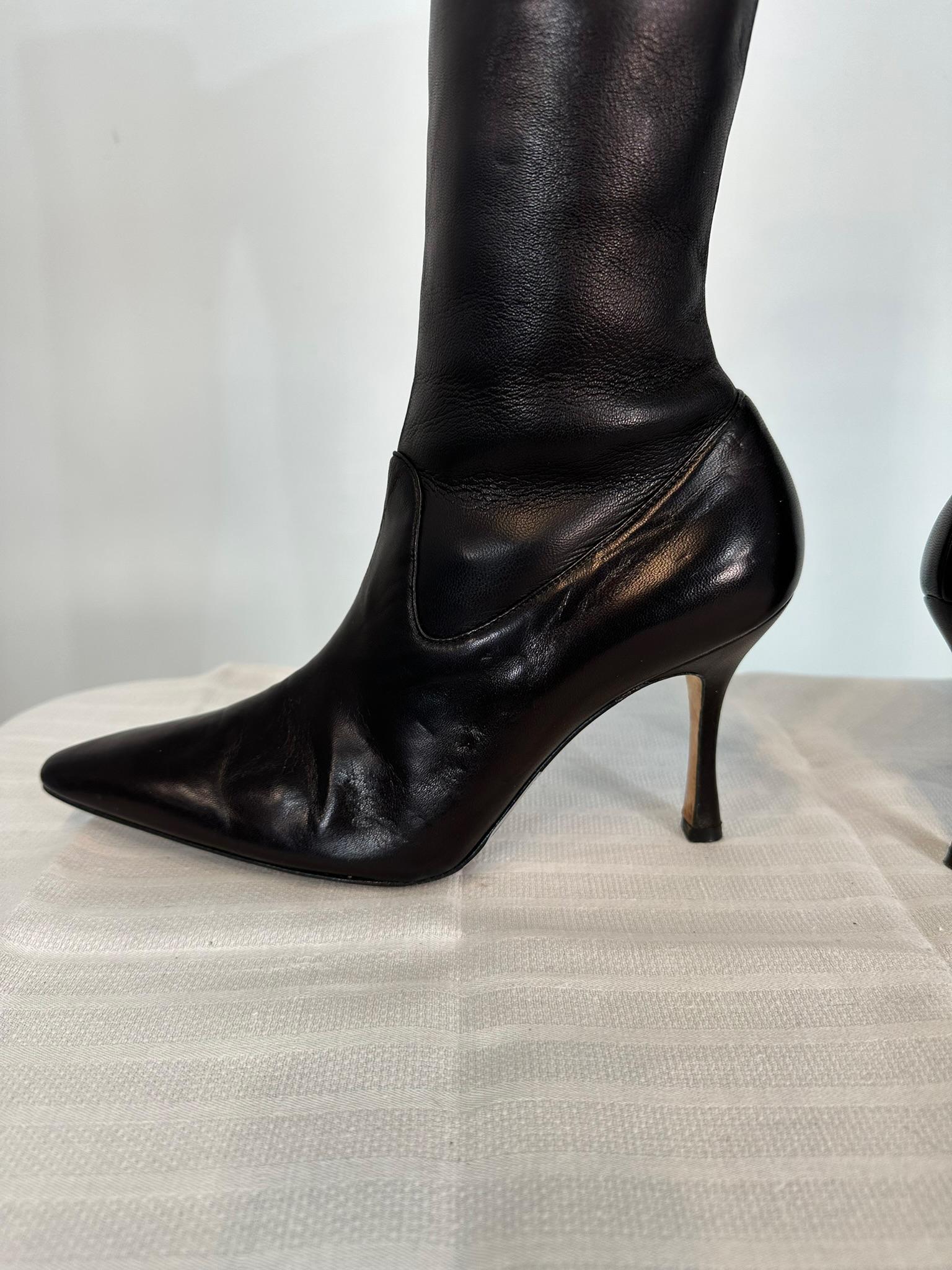 Manolo Blahnik Pascalarehi Black Nappa Leather Over the Knee Boots 37 For Sale 2
