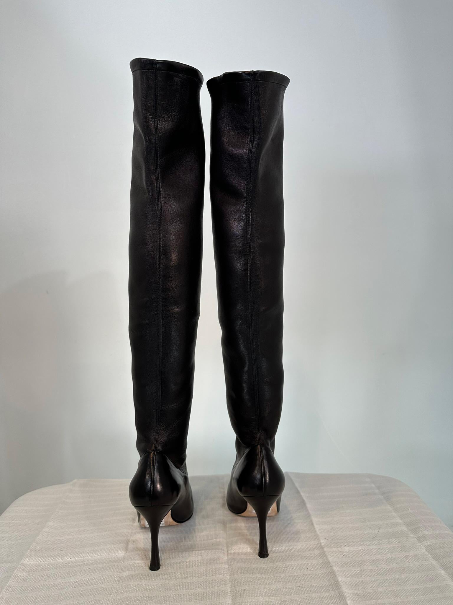 Manolo Blahnik Pascalarehi Black Nappa Leather Over the Knee Boots 37 For Sale 4