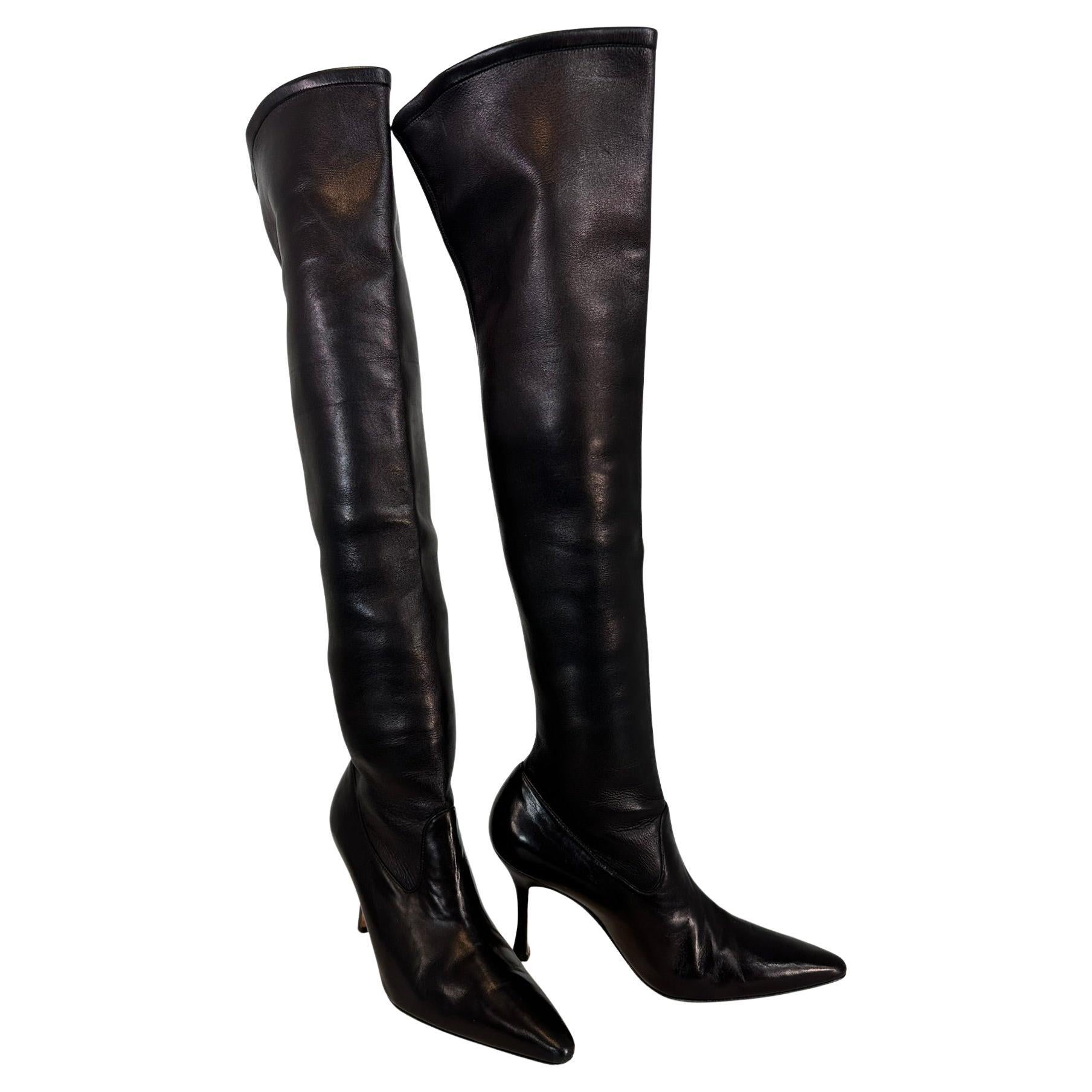 Manolo Blahnik Pascalarehi Black Nappa Leather Over the Knee Boots 37 For Sale