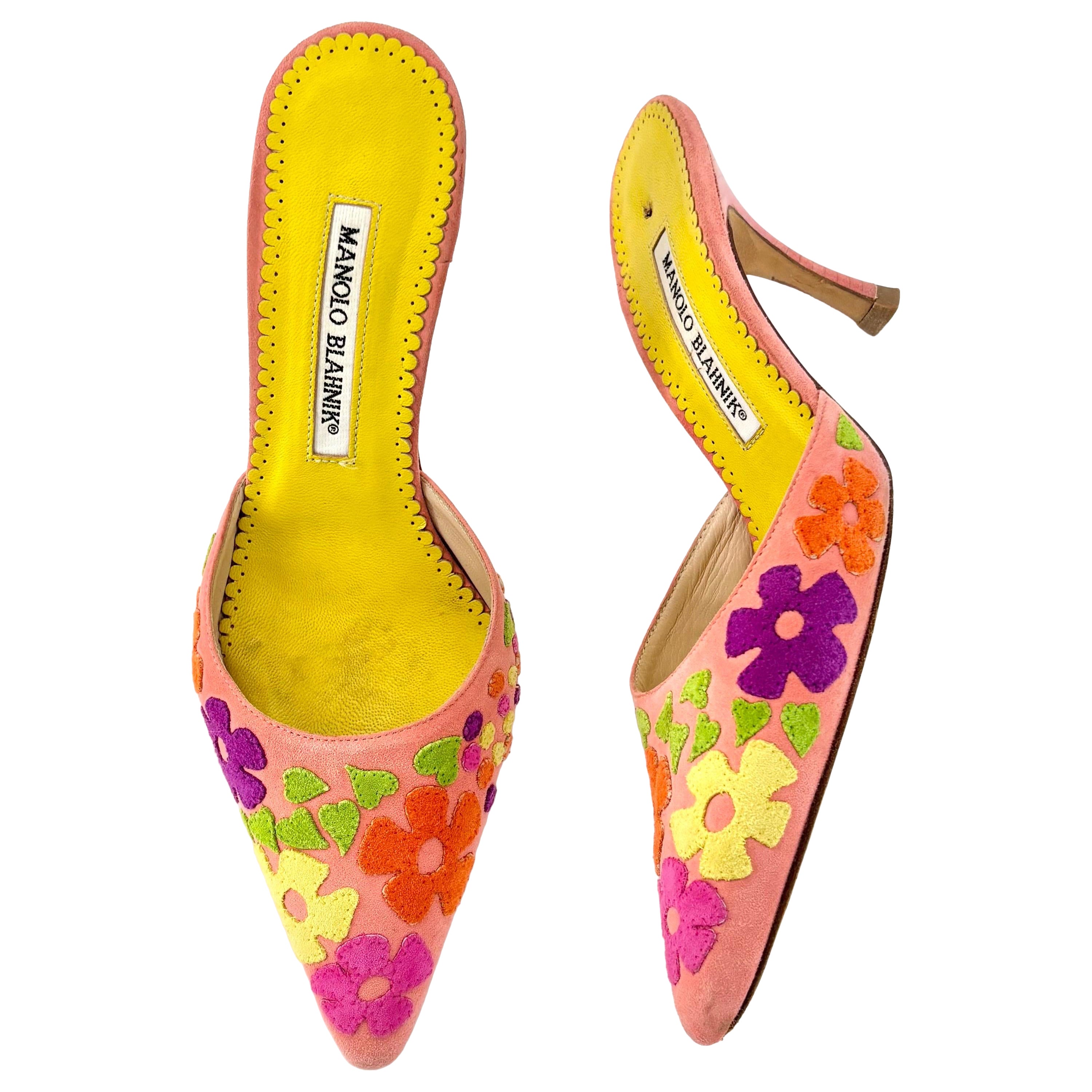Manolo Blahnik Pastel Hearts and Floral Cutout Pointed Toe Mules Pumps 35.5