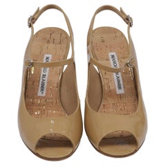 Manolo Blahnik Peep-Toe Slingback Mary Jane Pumps in Nude Patent Leather