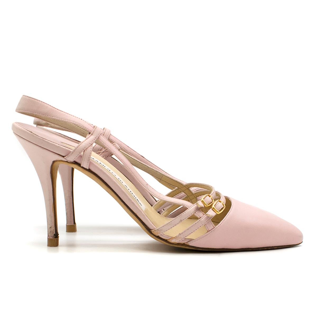 Manolo Blahnik Pink Buckle Detail Slingback Sandals 

- Pink Mule Pumps 
- Silngback stretch fastening 
- Point toe, slim toeline 
- Dual strap detail with gold toned buckle at front 
- Leather covered heel 
- Beige leather lining and sole 

Please