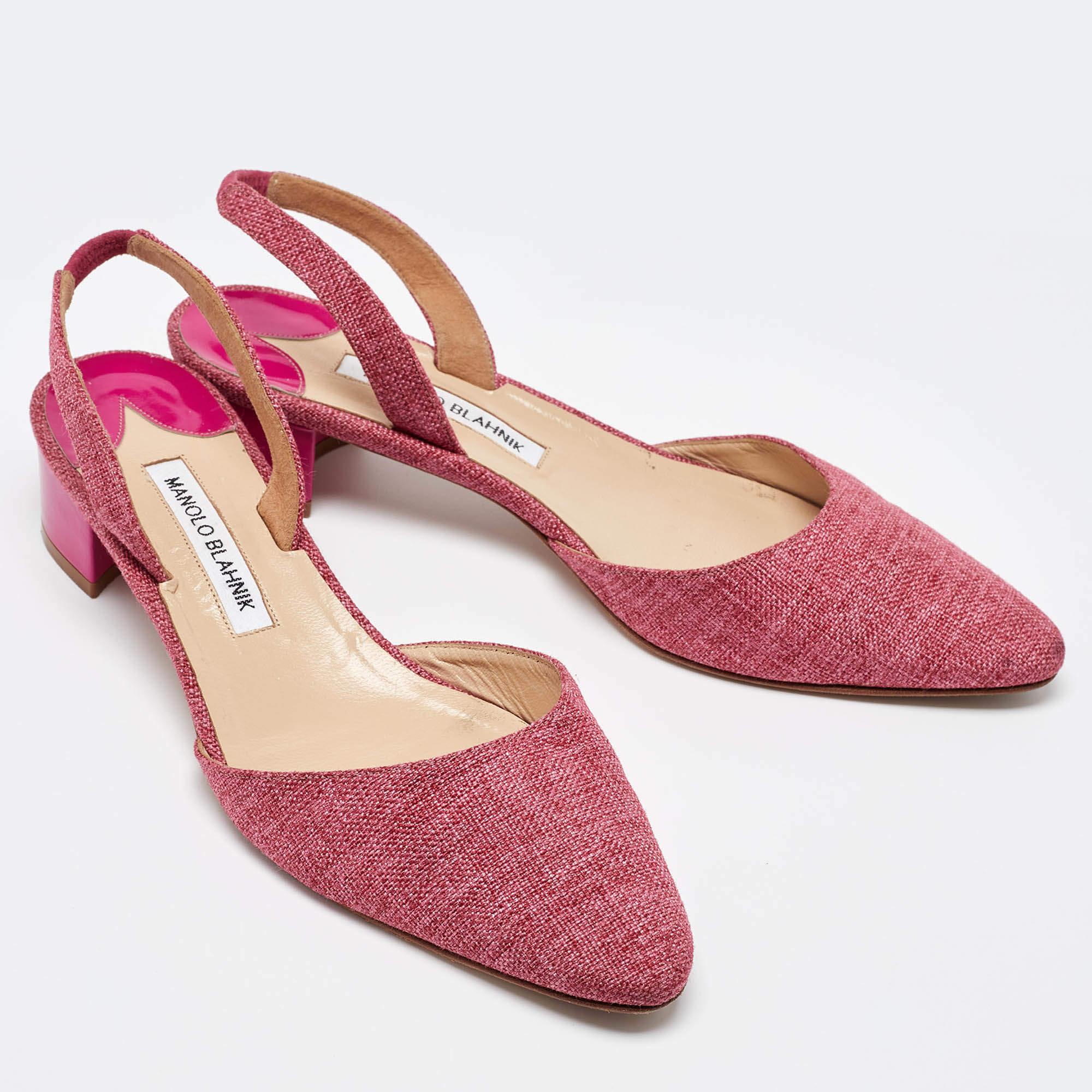 Women's Manolo Blahnik Pink Canvas Aspro Slingback Pumps Size 39 For Sale