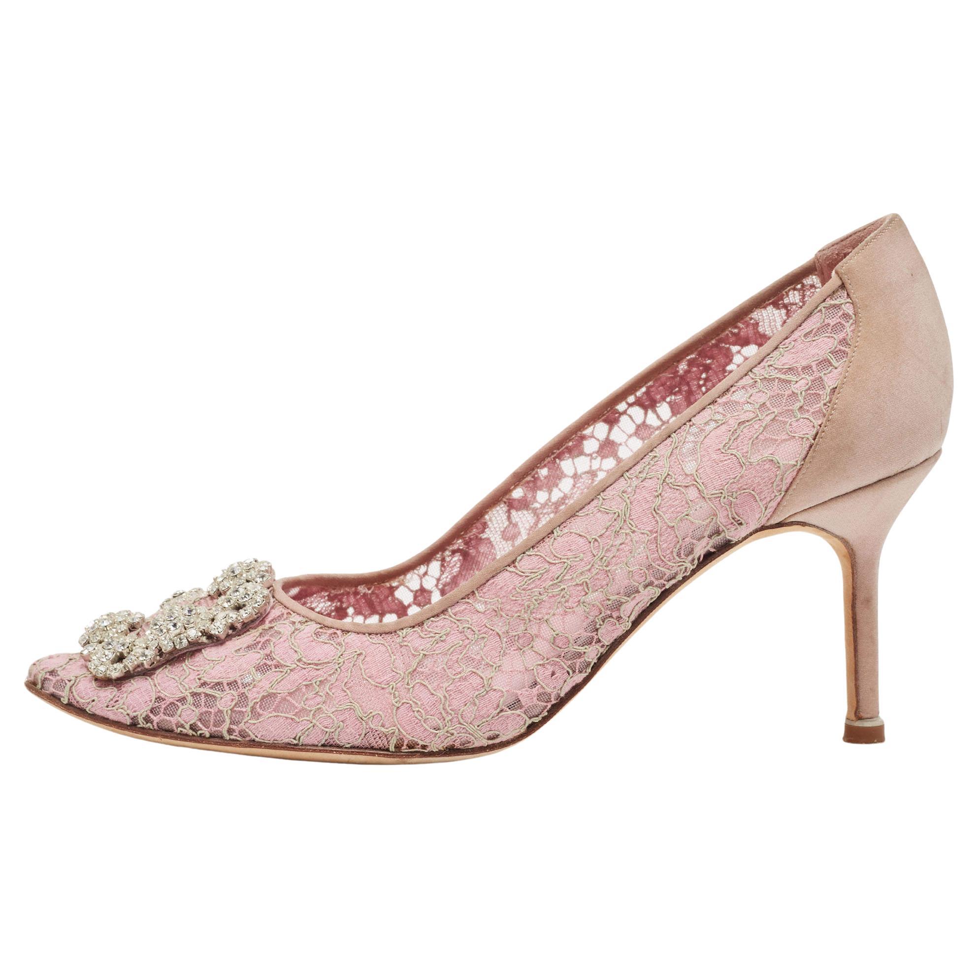 Manolo Blahnik Pink Lace and Mesh Hangisi Pumps Size 38.5 For Sale