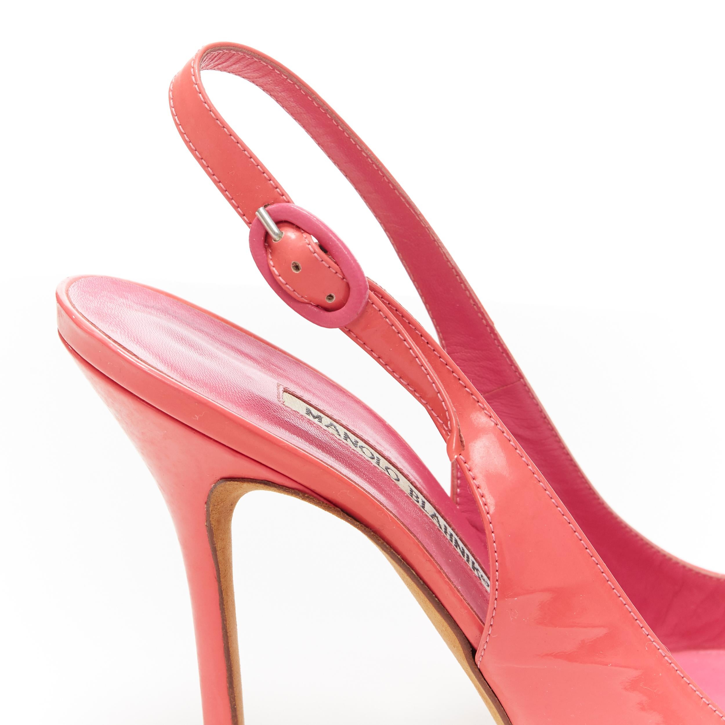 MANOLO BLAHNIK pink patent  point toe sling back buckle strap pump EU37.5 6