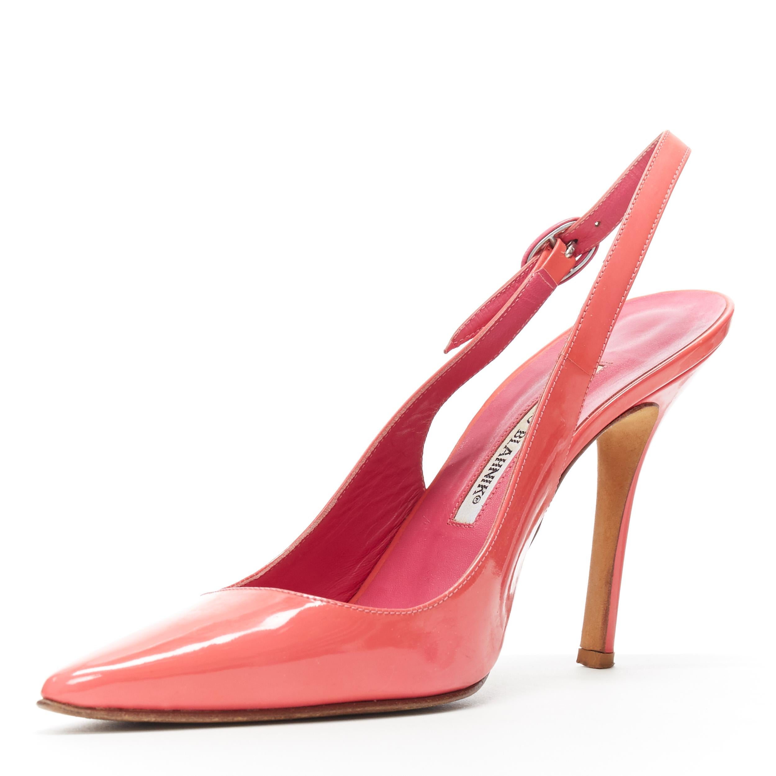 Women's MANOLO BLAHNIK pink patent  point toe sling back buckle strap pump EU37.5