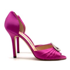 Manolo Blahnik Pink Peep-toe Satin Crystal Embellished Pumps 39.5