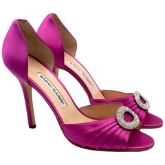 Manolo Blahnik Pink Peep-toe Satin Crystal Embellished Pumps 39.5