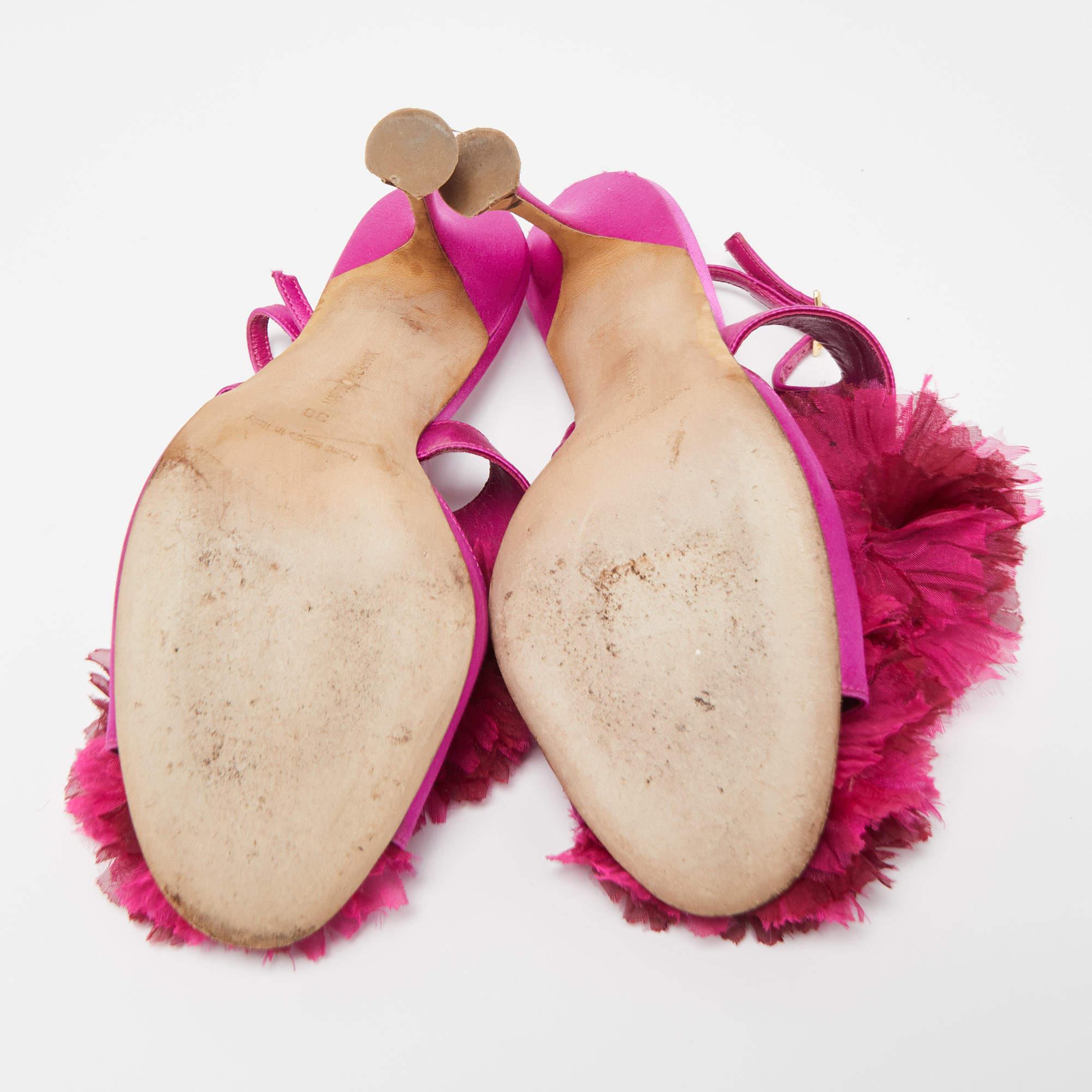 Manolo Blahnik Pink Satin Flower Embellished Ankle Strap Sandals Size 38 1