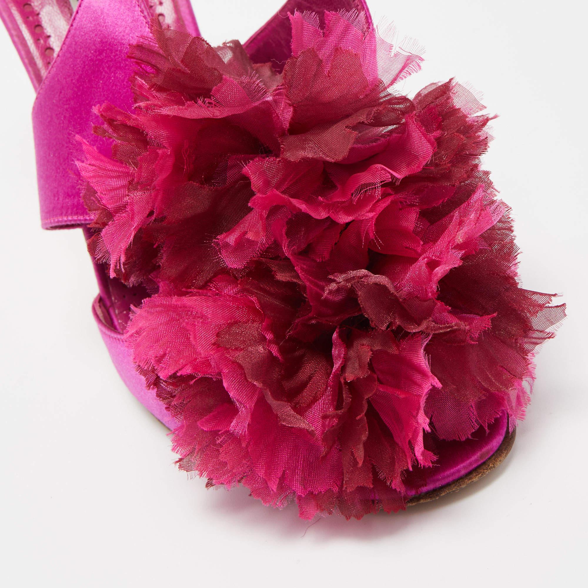Manolo Blahnik Pink Satin Flower Embellished Ankle Strap Sandals Size 38 3