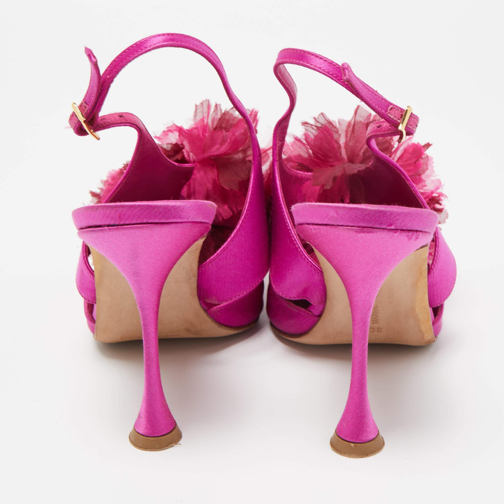 Manolo Blahnik Pink Satin Flower Embellished Ankle Strap Sandals Size 38 4