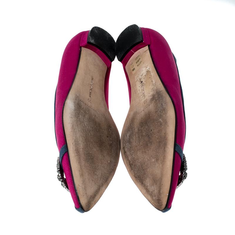 Women's Manolo Blahnik Pink Satin Gotrian Crystal Embellished Pointed Toe Flats Size 39