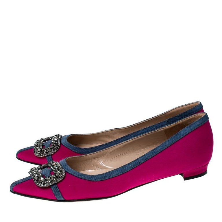 Manolo Blahnik Pink Satin Gotrian Crystal Embellished Pointed Toe Flats ...
