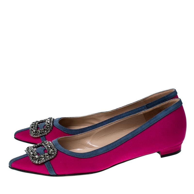 Manolo Blahnik Pink Satin Gotrian Crystal Embellished Pointed Toe Flats Size 39 3