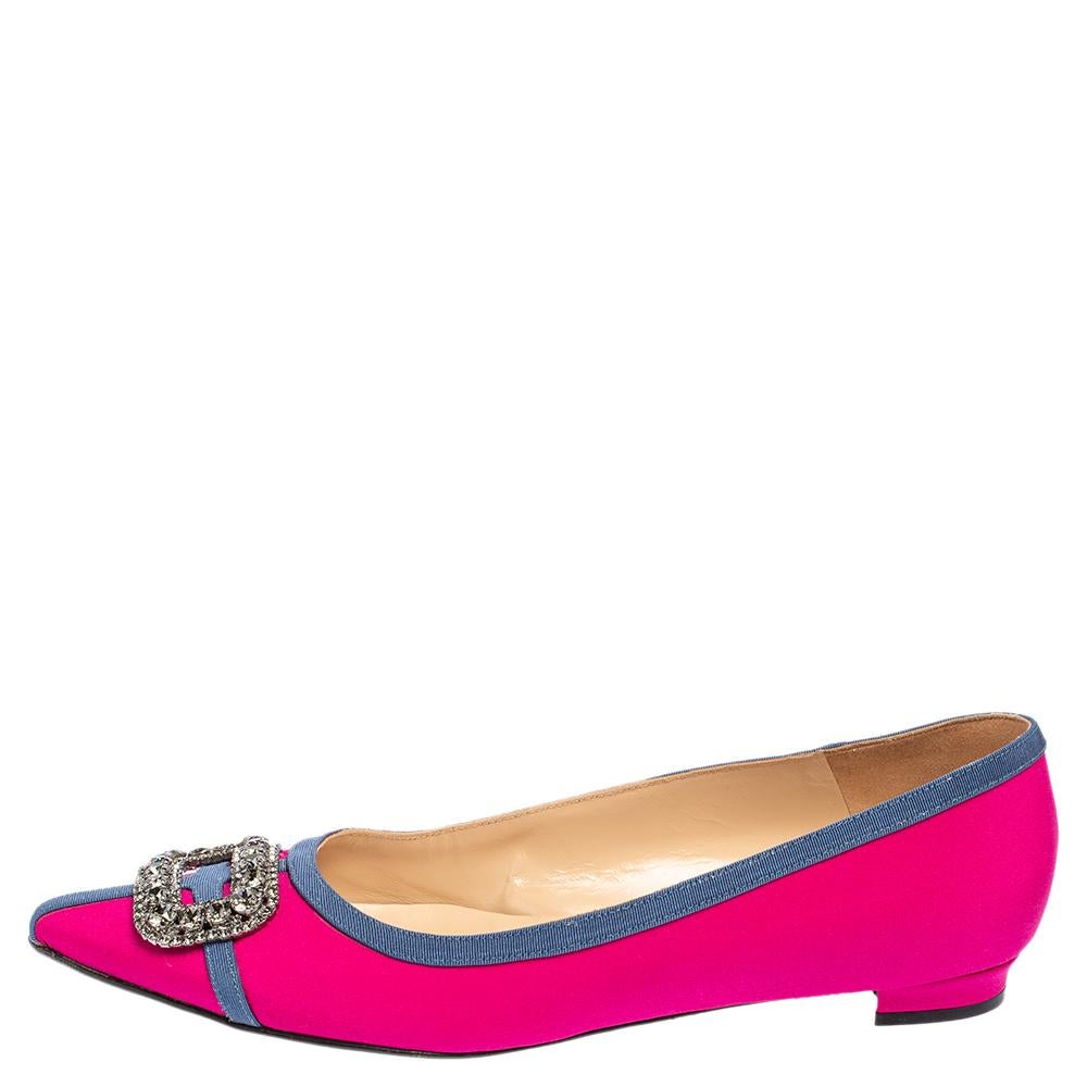 Manolo Blahnik Pink Satin Gotrian Crystal Pointed Toe Flats Size 40.5 1