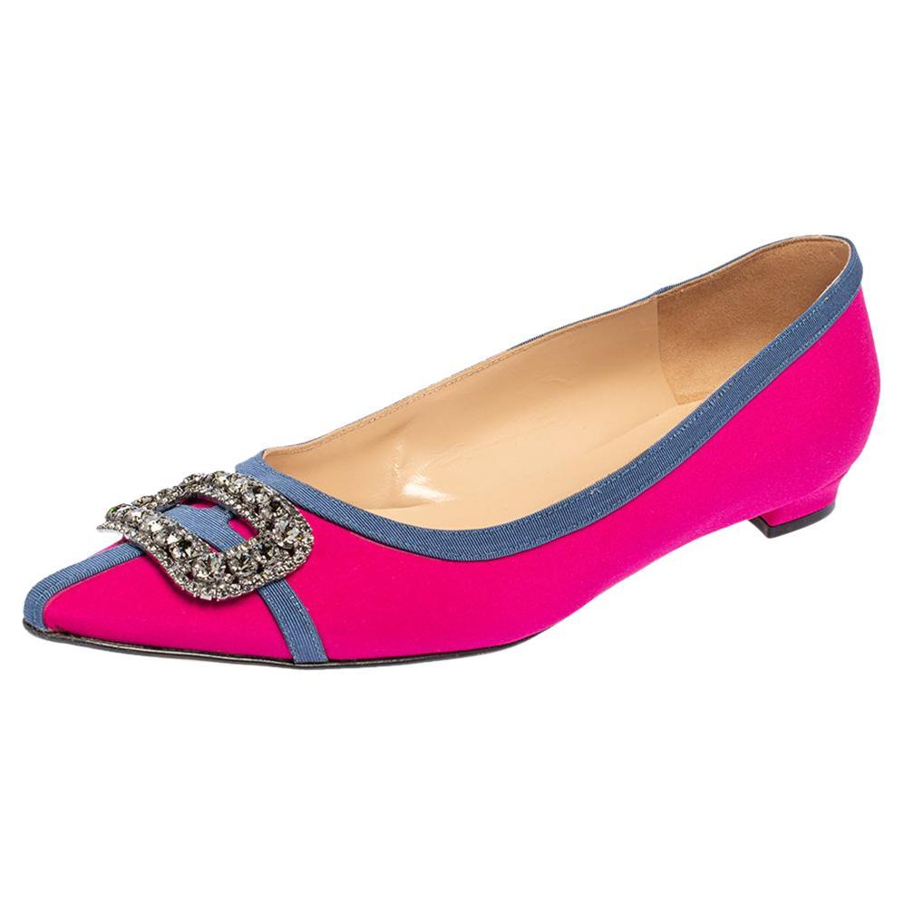 Manolo Blahnik Pink Satin Gotrian Crystal Pointed Toe Flats Size 40.5