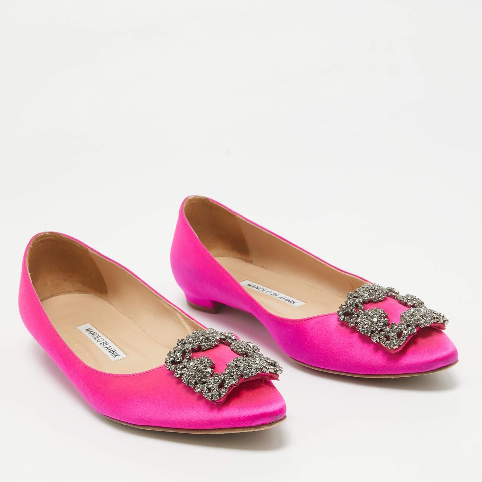 Women's Manolo Blahnik Pink Satin Hangisi Ballet Flats Size 37.5