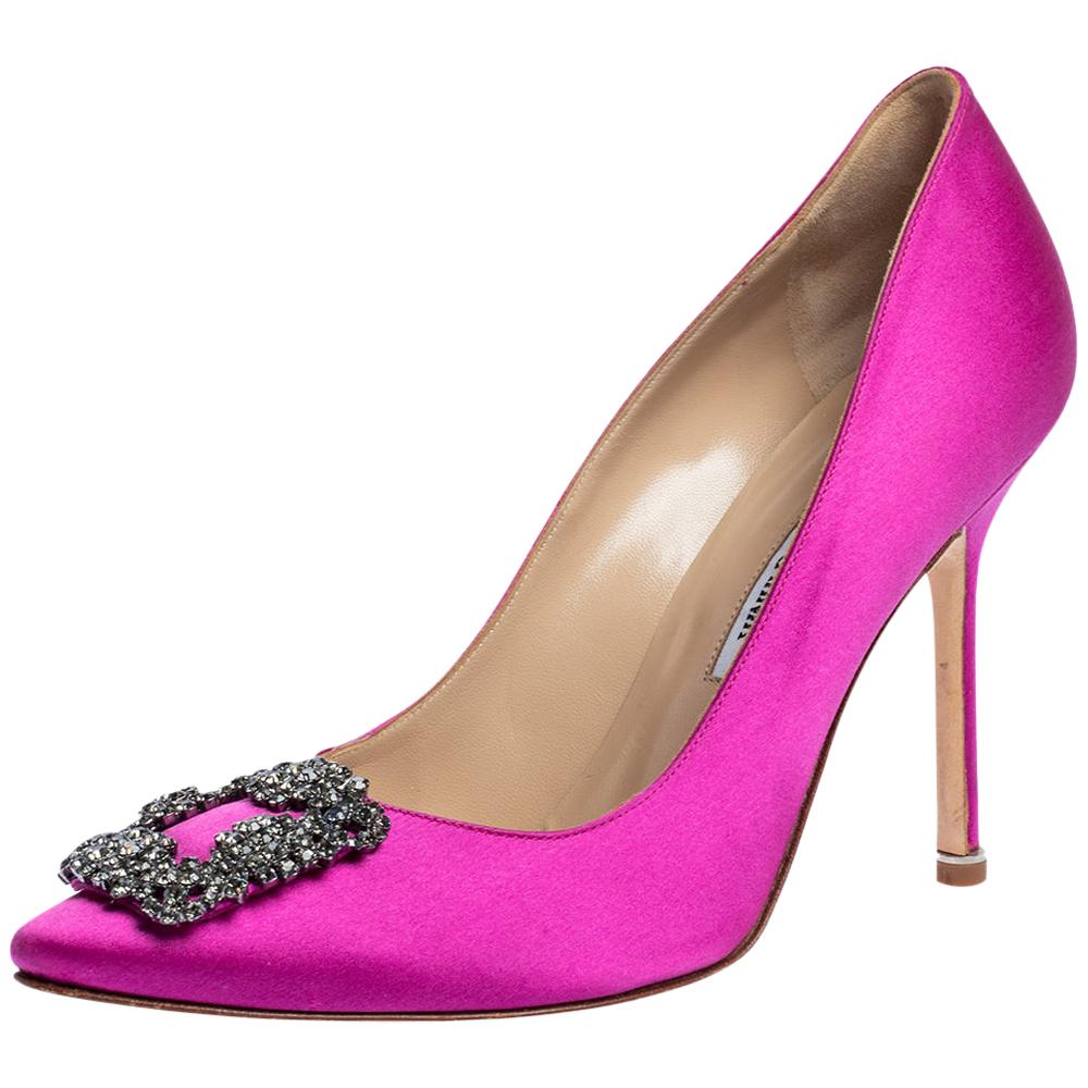 Manolo Blahnik Pink Satin Hangisi Crystal Embellished Pumps Size