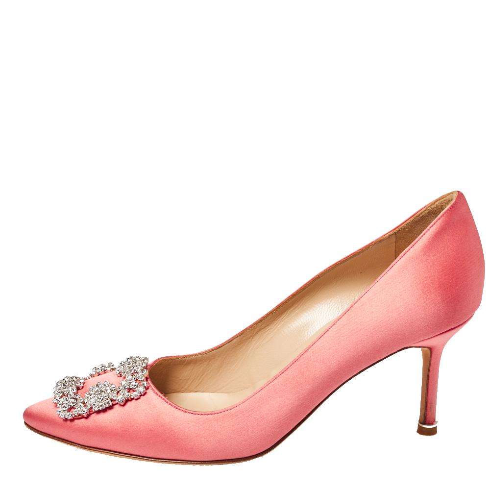 Manolo Blahnik Pink Satin Hangisi Crystal Embellished Pumps Size 39 3