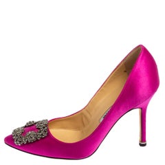 Manolo Blahnik Pink Satin Hangisi Crystal Embellishments Pumps Size 36.5
