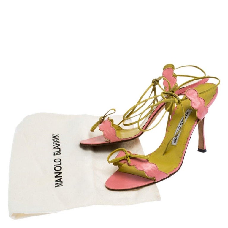 Manolo Blahnik Pink Scalloped Leather Open Toe Ankle Wrap Sandals Size ...