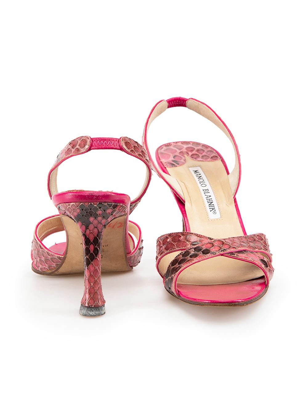 Manolo Blahnik Pink Snakeskin Slingback Sandals Size IT 37 In Excellent Condition For Sale In London, GB