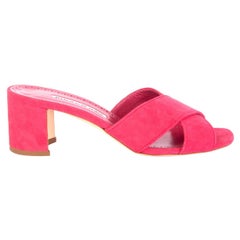 MANOLO BLAHNIK pink suede OTAWI Crisscross BLOCK HEEL Mule Sandals Shoes 38.5