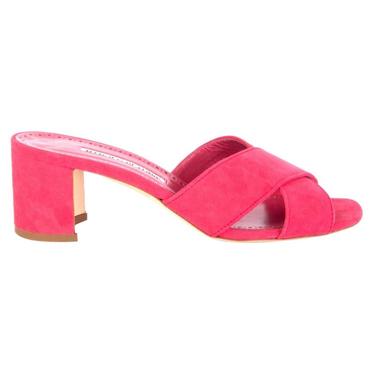 MANOLO BLAHNIK pink suede OTAWI Crisscross BLOCK HEEL Mule Sandals ...