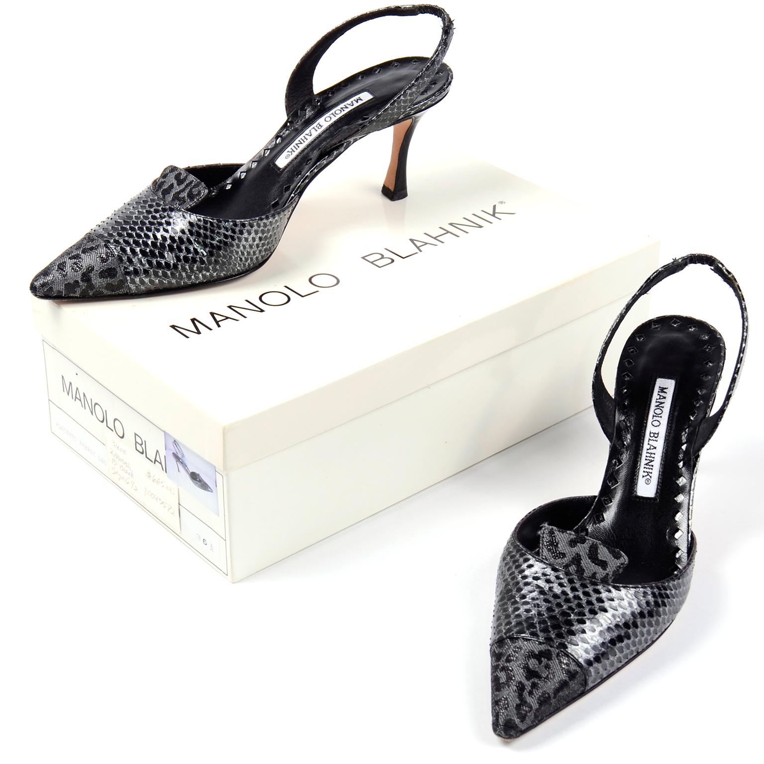 These black and grey leather snakeskin Manolo Blahniks slingbacks have leopard details and a faux 