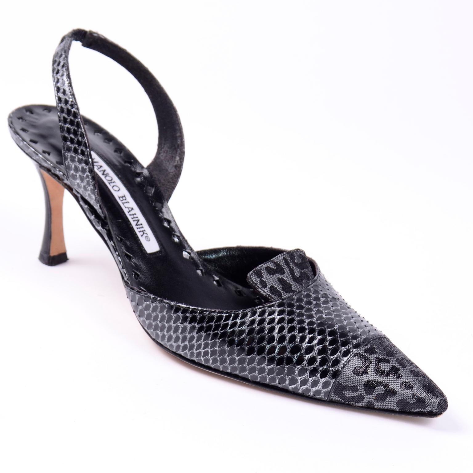 Manolo Blahnik Ploiesti Snakeskin Shoes With Leopard Print Toes In Excellent Condition For Sale In Portland, OR