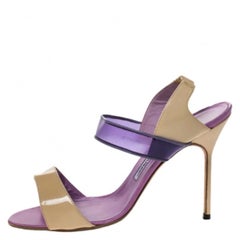 Manolo Blahnik Purple/Beige Patent Leather and PVC Slingback Sandals Size 38.5