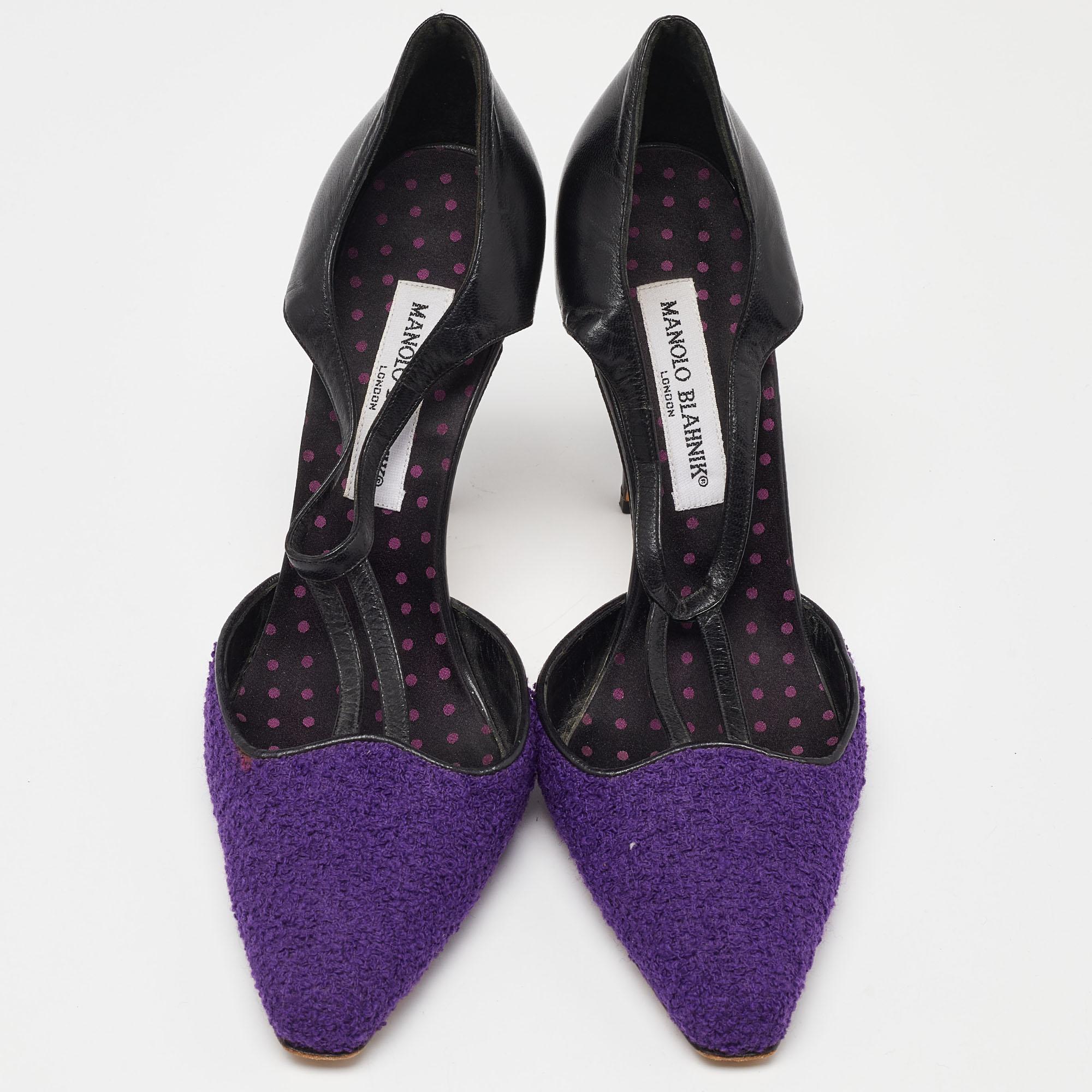 Manolo Blahnik Purple/Black Tweed and Leather Pointed Toe Pumps Size 40 In Excellent Condition For Sale In Dubai, Al Qouz 2