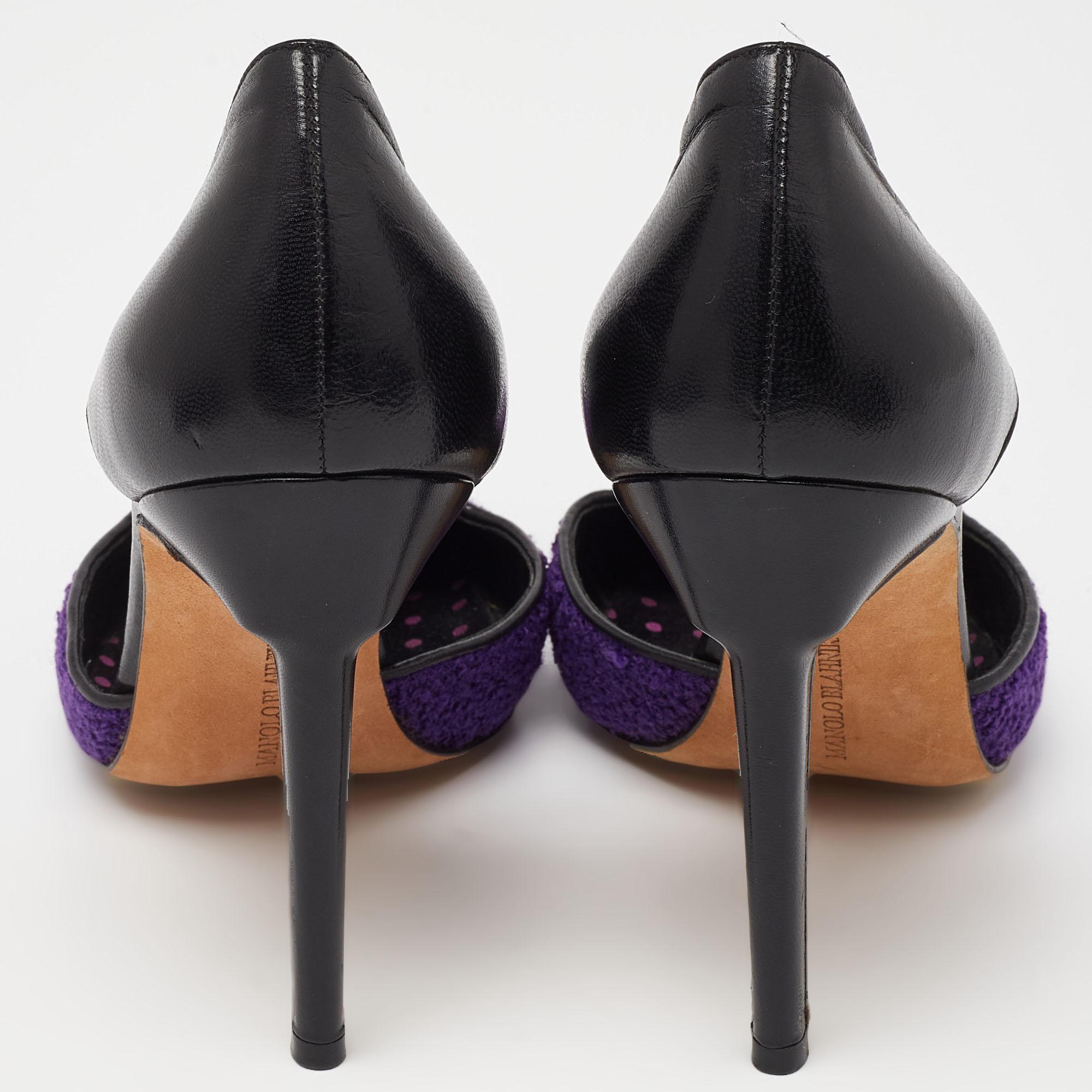 Manolo Blahnik Purple/Black Tweed and Leather Pointed Toe Pumps Size 40 For Sale 1