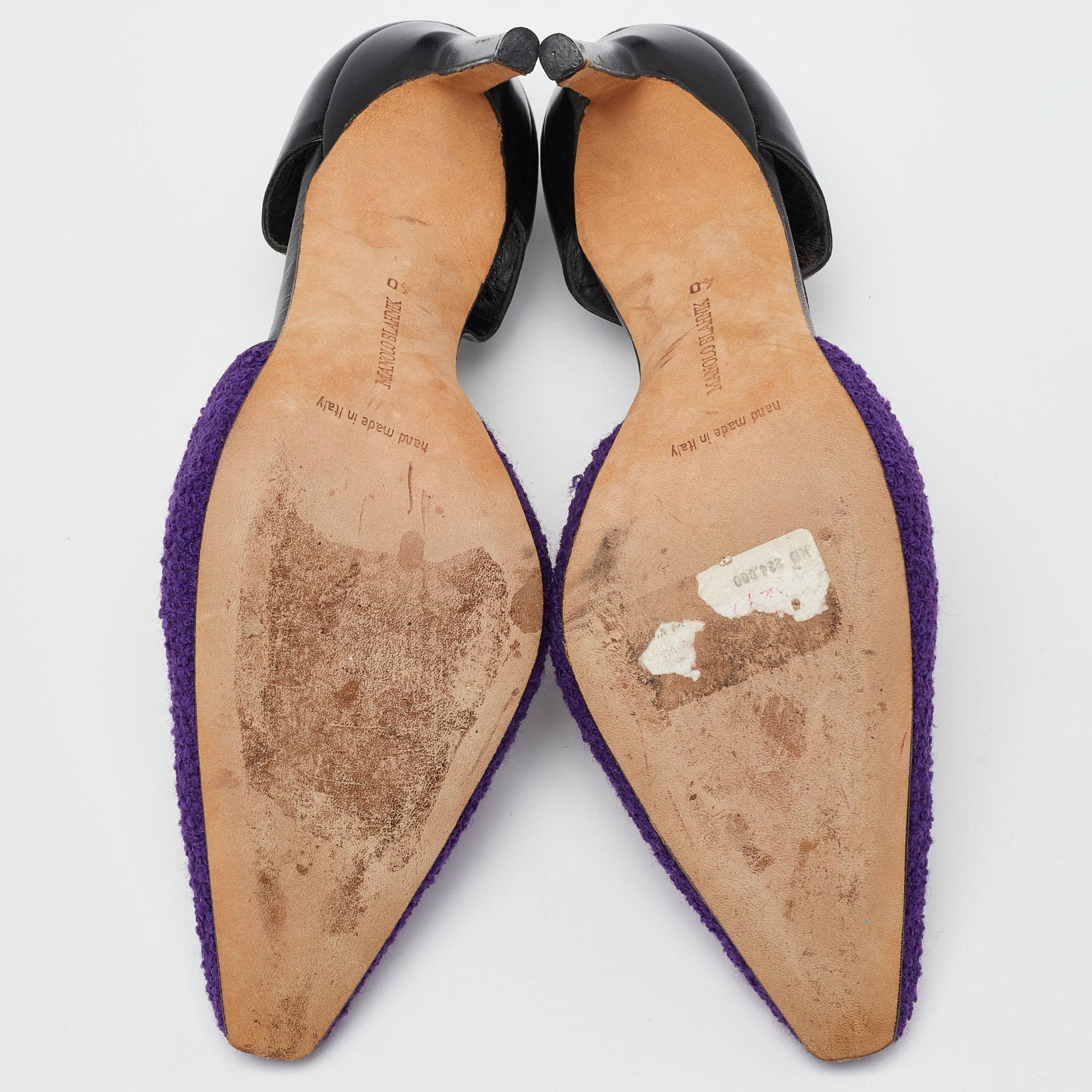 Manolo Blahnik Purple/Black Tweed and Leather Pointed Toe Pumps Size 40 For Sale 2