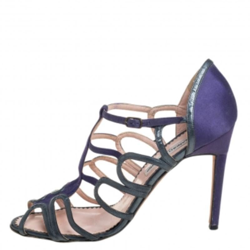 Gray Manolo Blahnik Purple/Grey  Leather And Satin Cage Sandals Size 40 For Sale