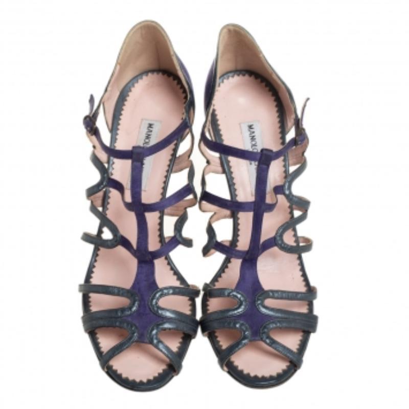 Manolo Blahnik Purple/Grey  Leather And Satin Cage Sandals Size 40 For Sale 2