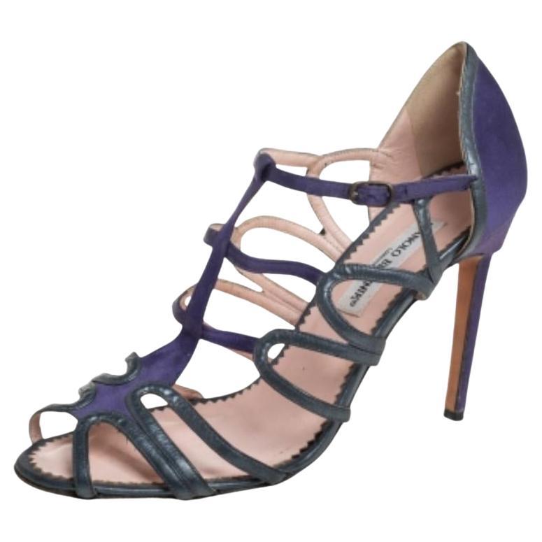 Manolo Blahnik Purple/Grey  Leather And Satin Cage Sandals Size 40 For Sale