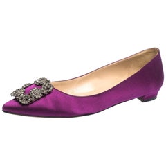 Manolo Blahnik Purple Satin Hangisi Crystal Embellished Ballet Flats Size 39