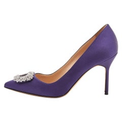 Manolo Blahnik Purple Satin Hangisi Crystal Embellished Pumps Size 36