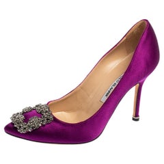 Manolo Blahnik Purple Satin Hangisi Crystal Embellishments Pumps Size 36.5