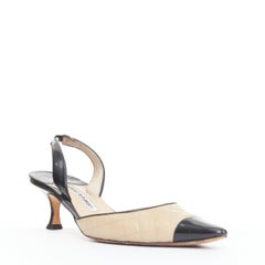 MANOLO BLAHNIK quilted leather stitch black toe cap point slingback heel EU39