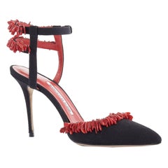 MANOLO BLAHNIK red beaded black linen dual ankle strap pointed pumps EU37 US7