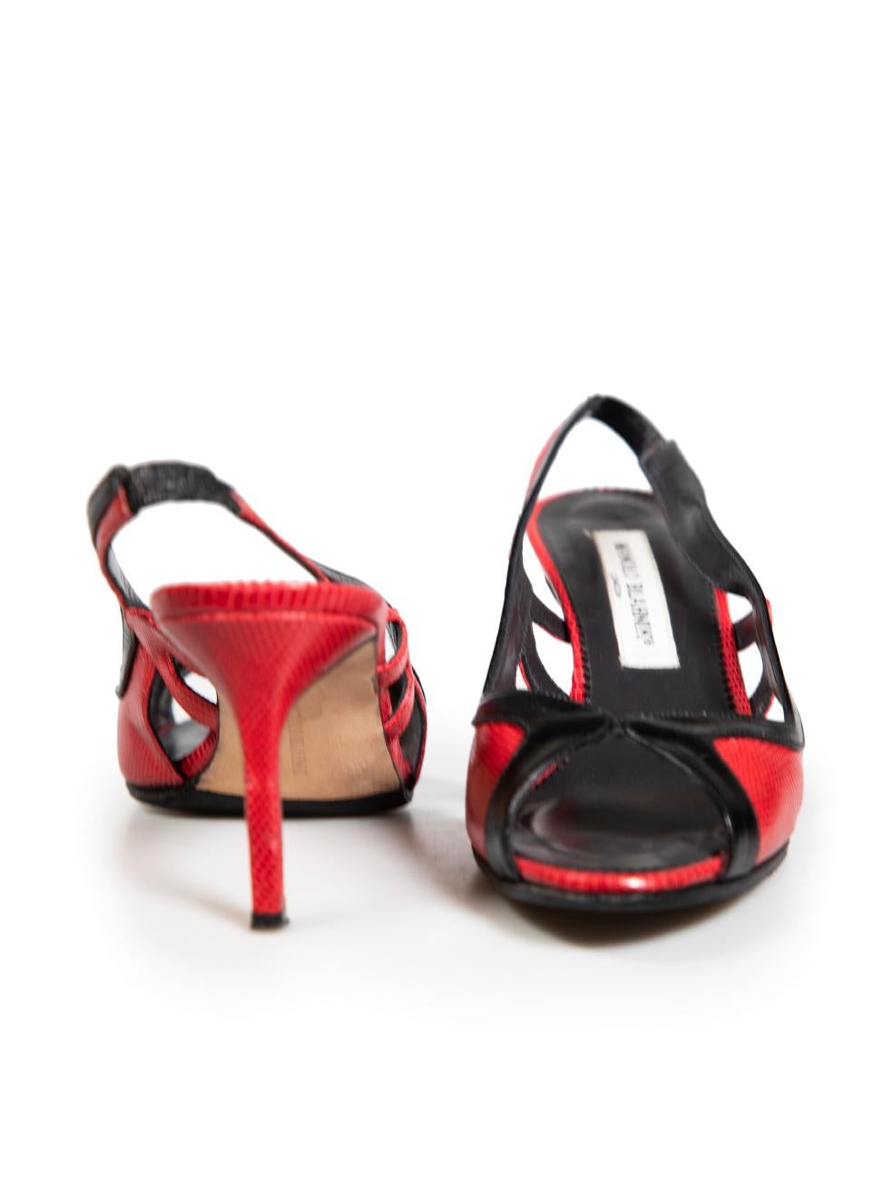 Manolo Blahnik Red & Black Leather Slingback Sandals Size IT 38 In Good Condition For Sale In London, GB