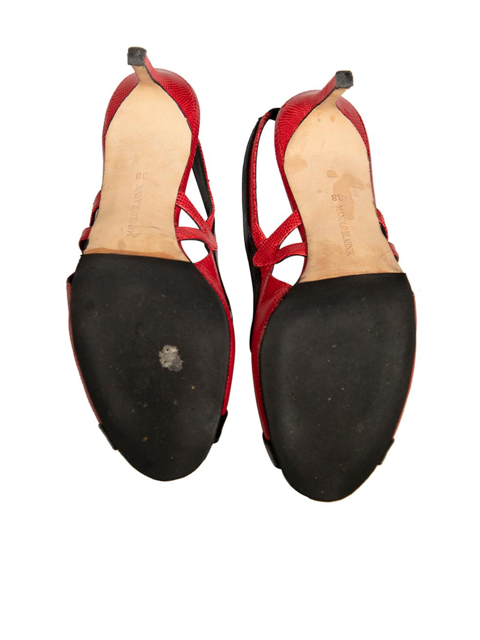 Women's Manolo Blahnik Red & Black Leather Slingback Sandals Size IT 38 For Sale