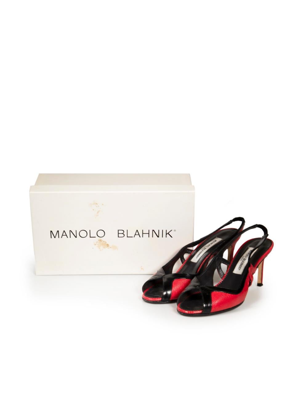 Manolo Blahnik Rote & schwarze Ledersandalen mit Slingback Größe IT 38 Damen im Angebot